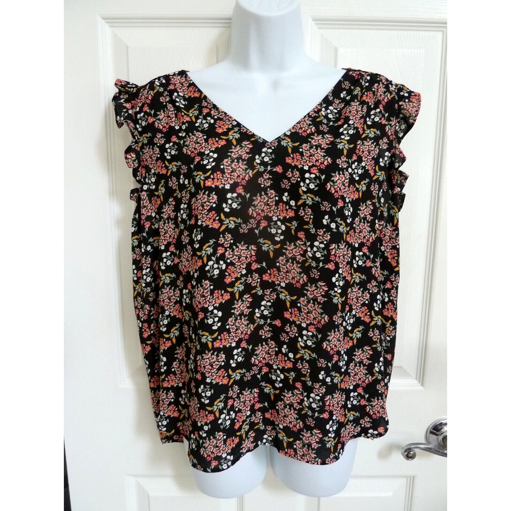 LOFT Womens Medium Floral Ruffle Sleeveless V-Neck Blouse Black Cottage Core